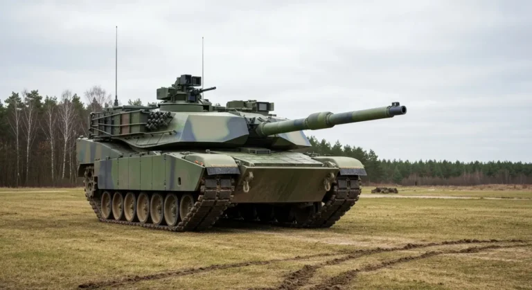 Czolg podstawowy M1A2 Abrams w zielonym kamuflazu na wojskowym poligonie, z lufa armaty i gasienicami, na tle lasu i poc