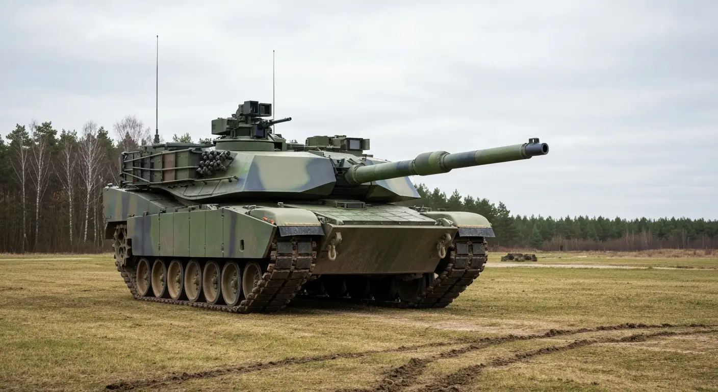 Czolg podstawowy M1A2 Abrams w zielonym kamuflazu na wojskowym poligonie, z lufa armaty i gasienicami, na tle lasu i poc