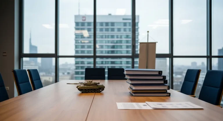 Nowoczesne biuro instytucji zakupowej resortu obrony w Warszawie - stol z modelem czolgu, teczkami kontraktow i dokument