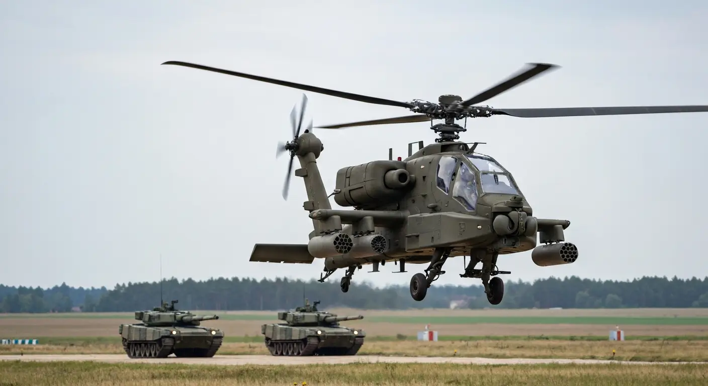 Smiglowiec uderzeniowy AH-64E Apache w locie nad poligonem, w tle kolumna czolgow na rowninnym polskim krajobrazie