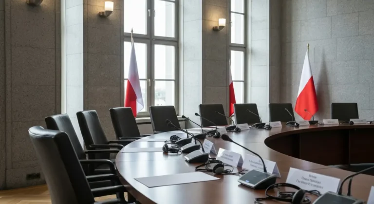 Pusta sala obrad z okrągłym stołem, mikrofonami i biało-czerwonymi flagami, gotowa do konsultacji sojuszniczych w stylu