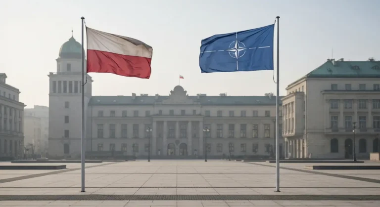 Polska flaga i niebieska flaga w stylu NATO powiewajace obok siebie nad nowoczesnym placem w Warszawie w porannej mgle.