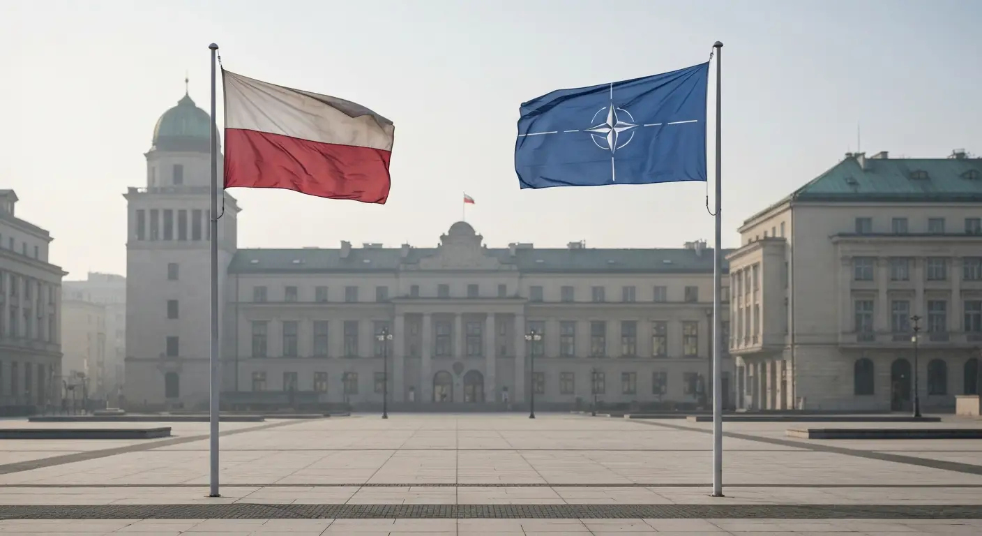 Polska flaga i niebieska flaga w stylu NATO powiewajace obok siebie nad nowoczesnym placem w Warszawie w porannej mgle.