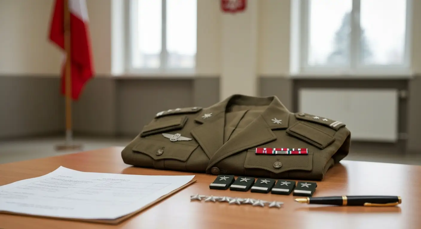 Mundur galowy Wojska Polskiego z pagonami i oznakami stopni wojskowych oraz dokument rozkazu personalnego na biurku