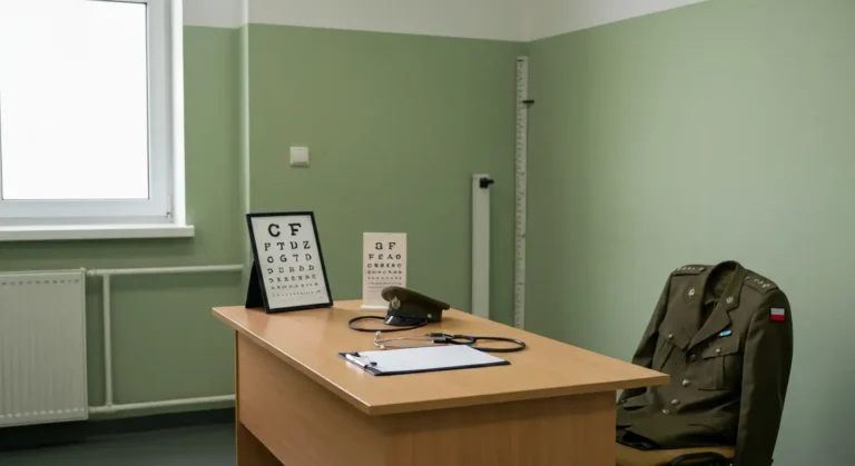 Puste wojskowe pomieszczenie komisji lekarskiej z biurkiem, stetoskopem, ciśnieniomierzem i złożonym mundurem na krześle