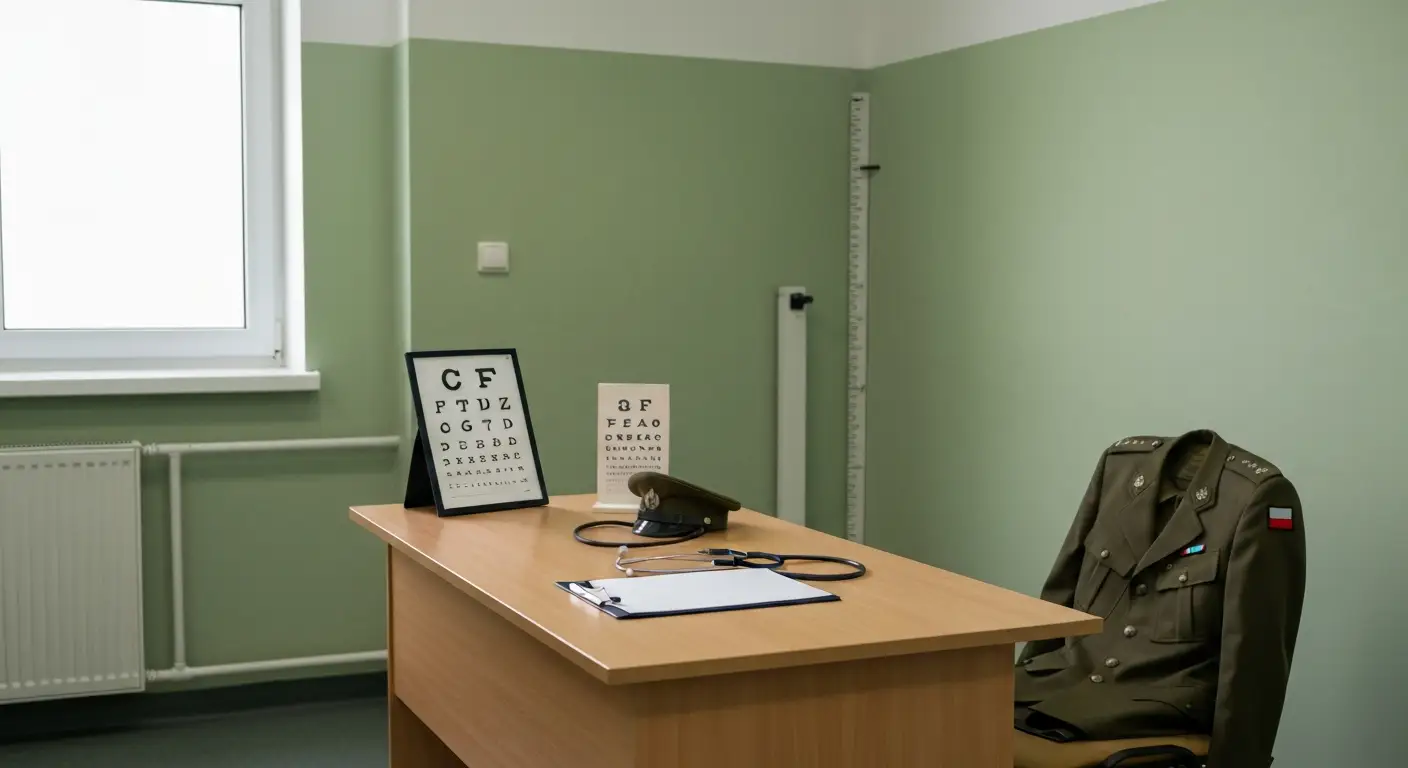 Puste wojskowe pomieszczenie komisji lekarskiej z biurkiem, stetoskopem, ciśnieniomierzem i złożonym mundurem na krześle