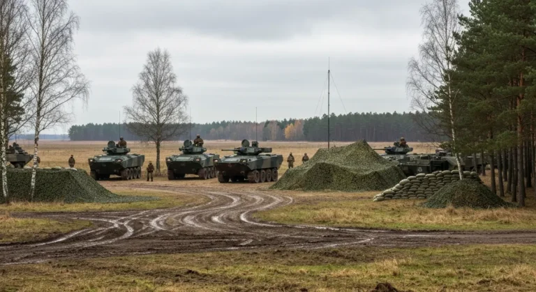 Wielonarodowa grupa bojowa NATO w polowym obozie na wschodniej flance w Polsce - zielone pojazdy pancerne, maszty i siec