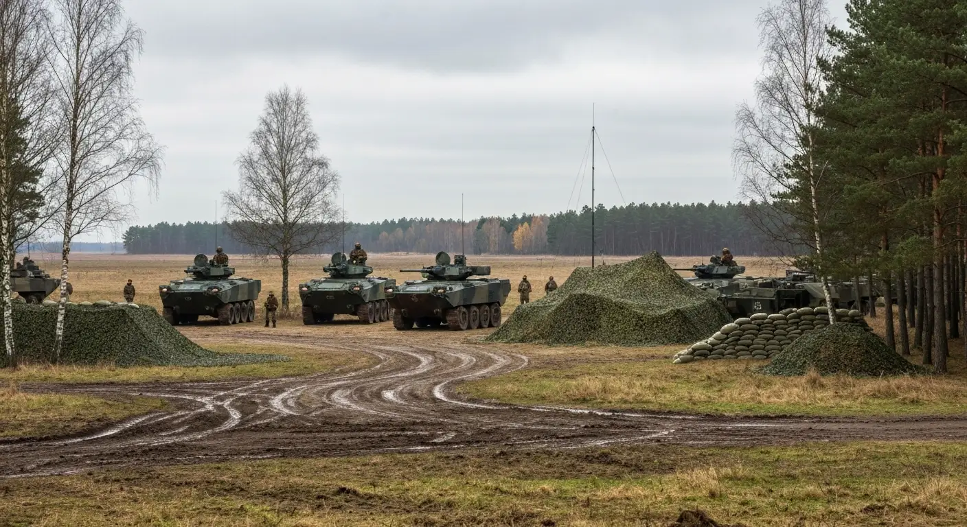 Wielonarodowa grupa bojowa NATO w polowym obozie na wschodniej flance w Polsce - zielone pojazdy pancerne, maszty i siec
