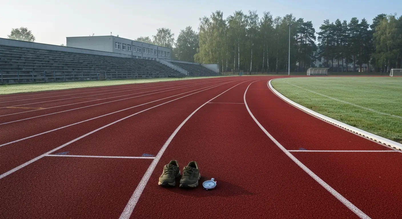Pusta bieznia lekkoatletyczna 400 m przy wojskowym obiekcie treningowym, buty biegowe i stoper na krawezniku