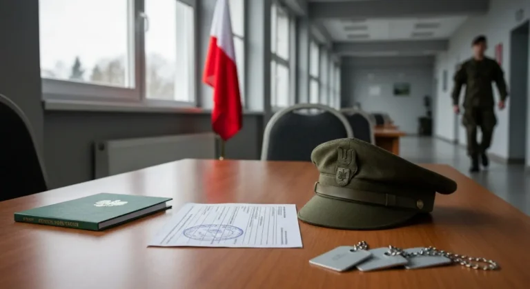 Ksiazeczka wojskowa, czapka polowa i nieśmiertelniki na stole w wojskowym centrum rekrutacji, w tle flaga Polski i sylwe