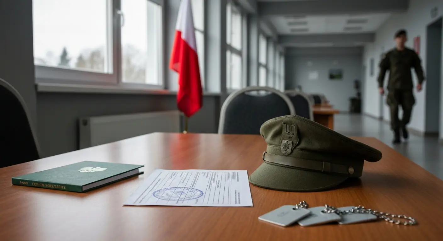 Ksiazeczka wojskowa, czapka polowa i nieśmiertelniki na stole w wojskowym centrum rekrutacji, w tle flaga Polski i sylwe