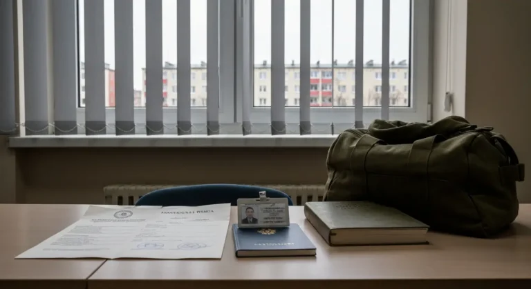 Wezwanie wojskowe i identyfikator pracowniczy na biurku obok zloonego munduru i torby, w tle okno biura