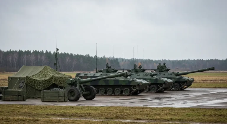 Kolumna zielonych transporterow opancerzonych i namiot dowodzenia na poligonie w Polsce podczas cwiczen NATO
