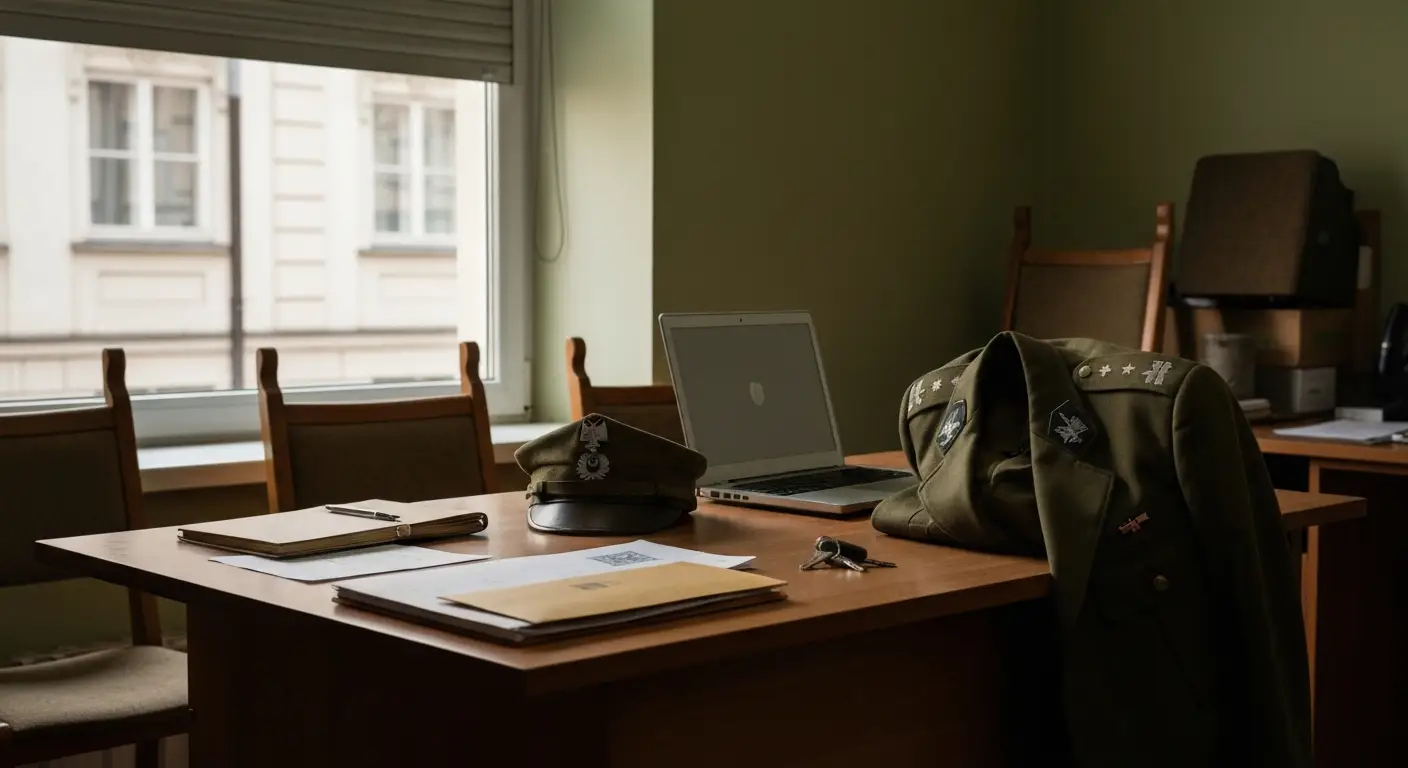 Wojskowa czapka i zlozony mundur na biurku w malej firmie, obok laptop i dokumenty