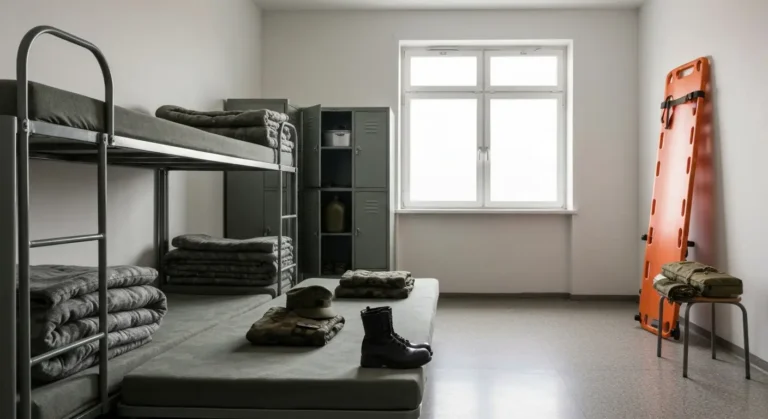 Sala koszarowa z pietrowymi lozkami, zlozonym mundurem polowym, butami i wyposazeniem zolnierza