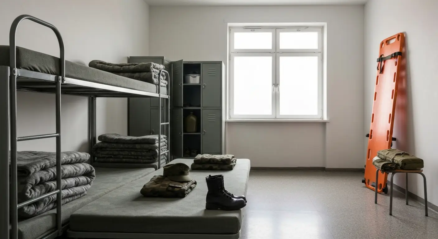 Sala koszarowa z pietrowymi lozkami, zlozonym mundurem polowym, butami i wyposazeniem zolnierza