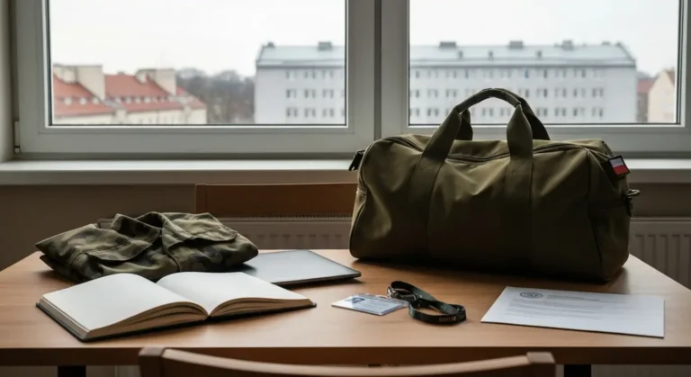 Biurko studenta z mundurem polowym, wojskowa torba i zeszyt uczelniany przy oknie z widokiem na miasto