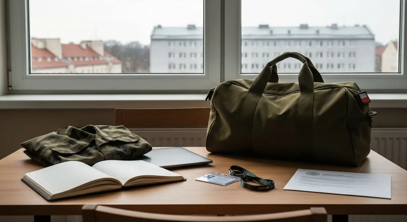 Biurko studenta z mundurem polowym, wojskowa torba i zeszyt uczelniany przy oknie z widokiem na miasto