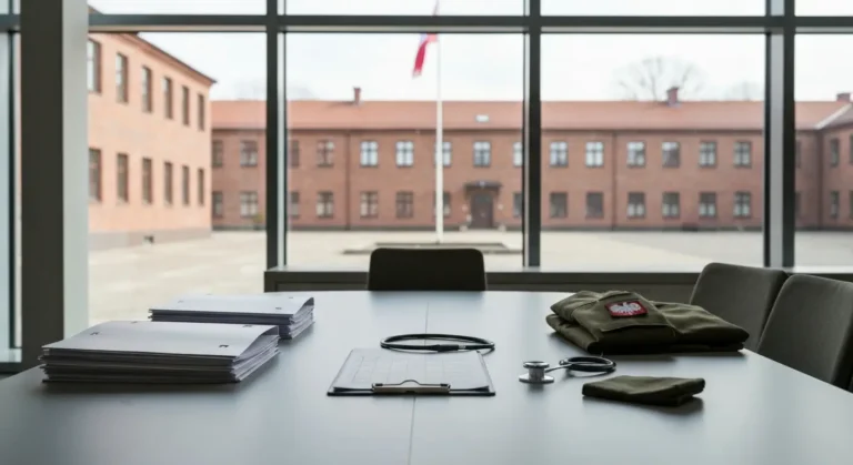 Biurko w wojskowym centrum rekrutacji z dokumentami i zlozonym mundurem polowym, w tle koszary