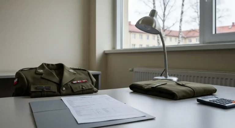 Biurko w wojskowym biurze - pusty formularz uposazenia, kalkulator i zlozona kurtka mundurowa w naturalnym swietle
