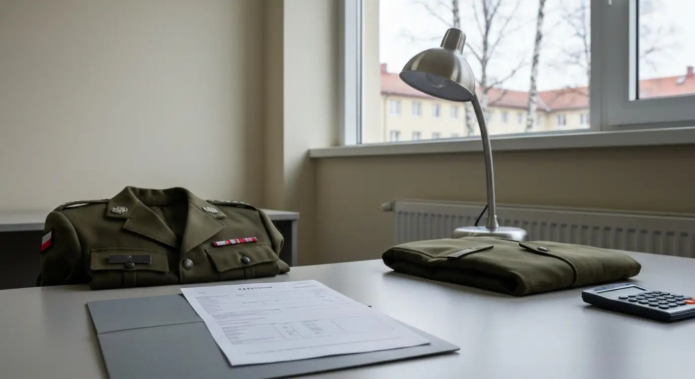 Biurko w wojskowym biurze - pusty formularz uposazenia, kalkulator i zlozona kurtka mundurowa w naturalnym swietle