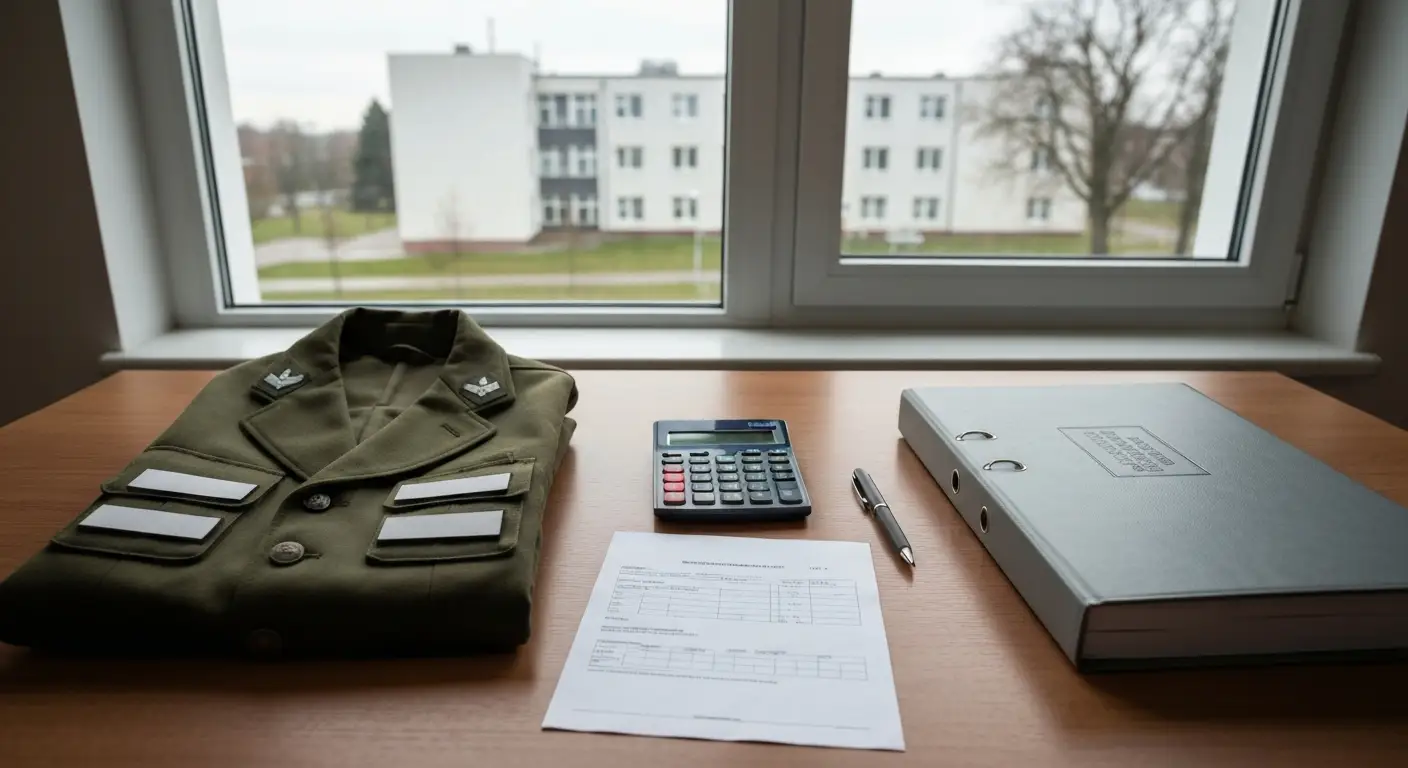 Mundur wojskowy, kalkulator i dokumenty na biurku w biurze kadrowym jednostki wojskowej