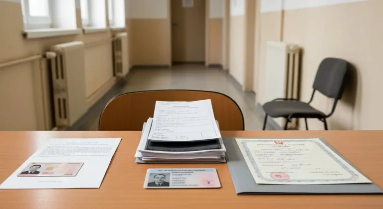 Dokumenty potrzebne na kwalifikacje wojskowa rozlozone na biurku w urzedzie gminy - dowod, wezwanie, dokumentacja medycz