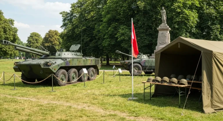 Piknik wojskowy w warszawskim parku - wystawa zielonych pojazdow wojskowych i namiot z ekspozycja dla rodzin