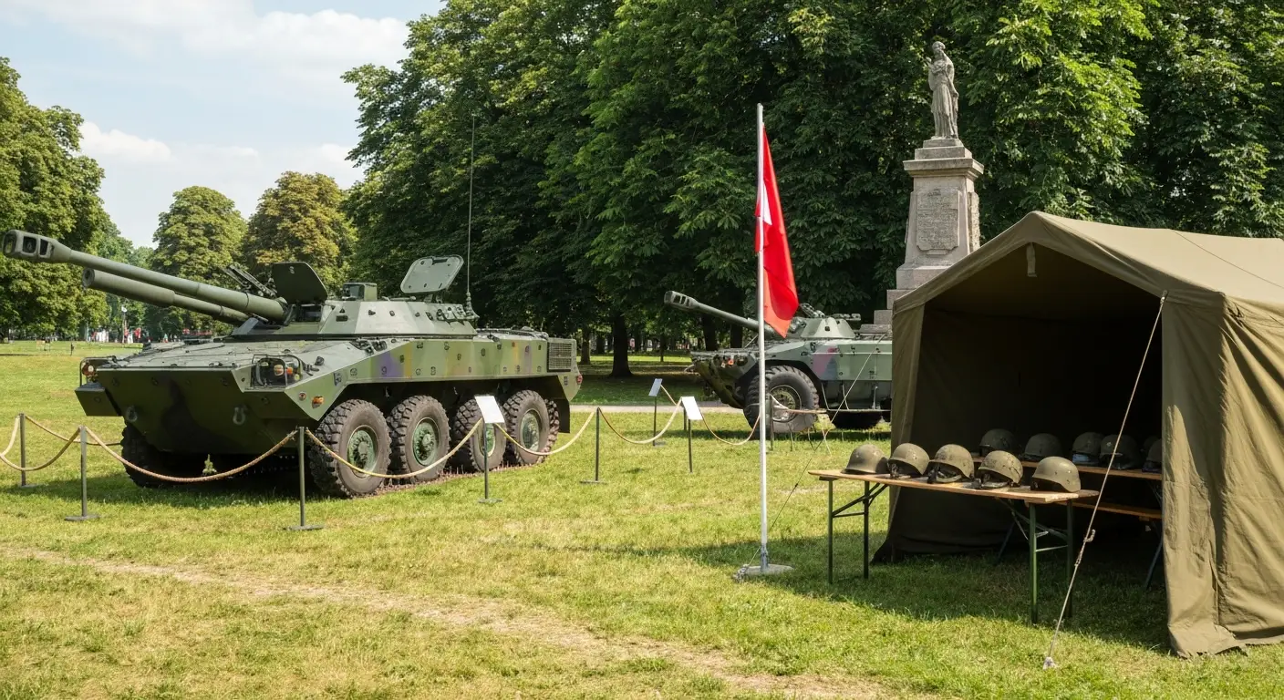 Piknik wojskowy w warszawskim parku - wystawa zielonych pojazdow wojskowych i namiot z ekspozycja dla rodzin