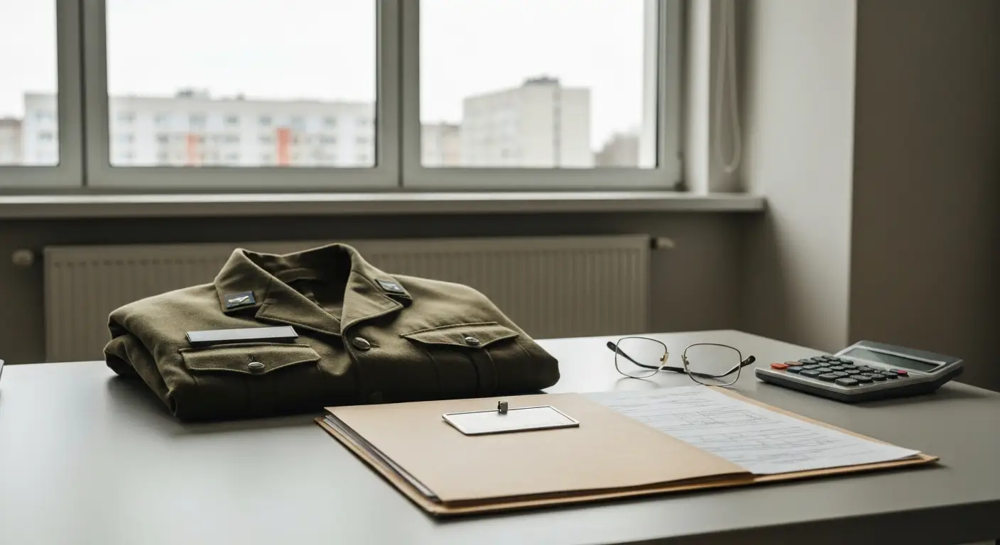 Zlozona mundurowa kurtka, teczka z dokumentami i kalkulator na biurku w urzedzie - emerytura wojskowa
