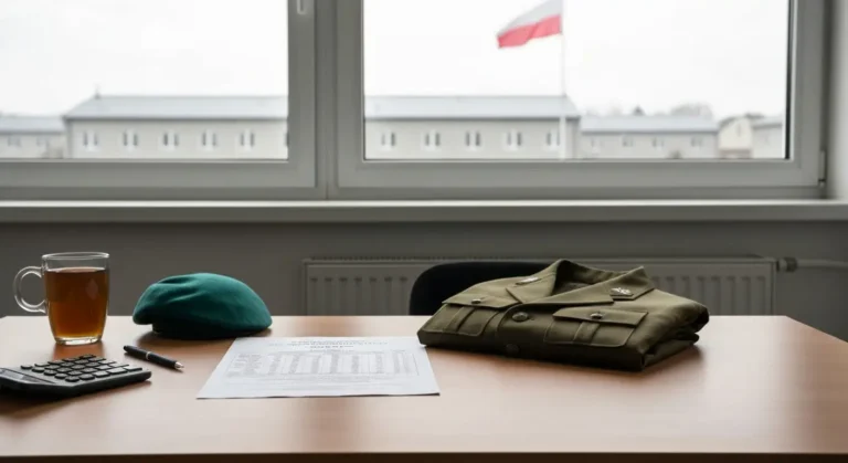 Biurko w wojskowej kancelarii z dokumentami placowymi, kalkulatorem i zlozona zielona kurtka mundurowa przy oknie z wido