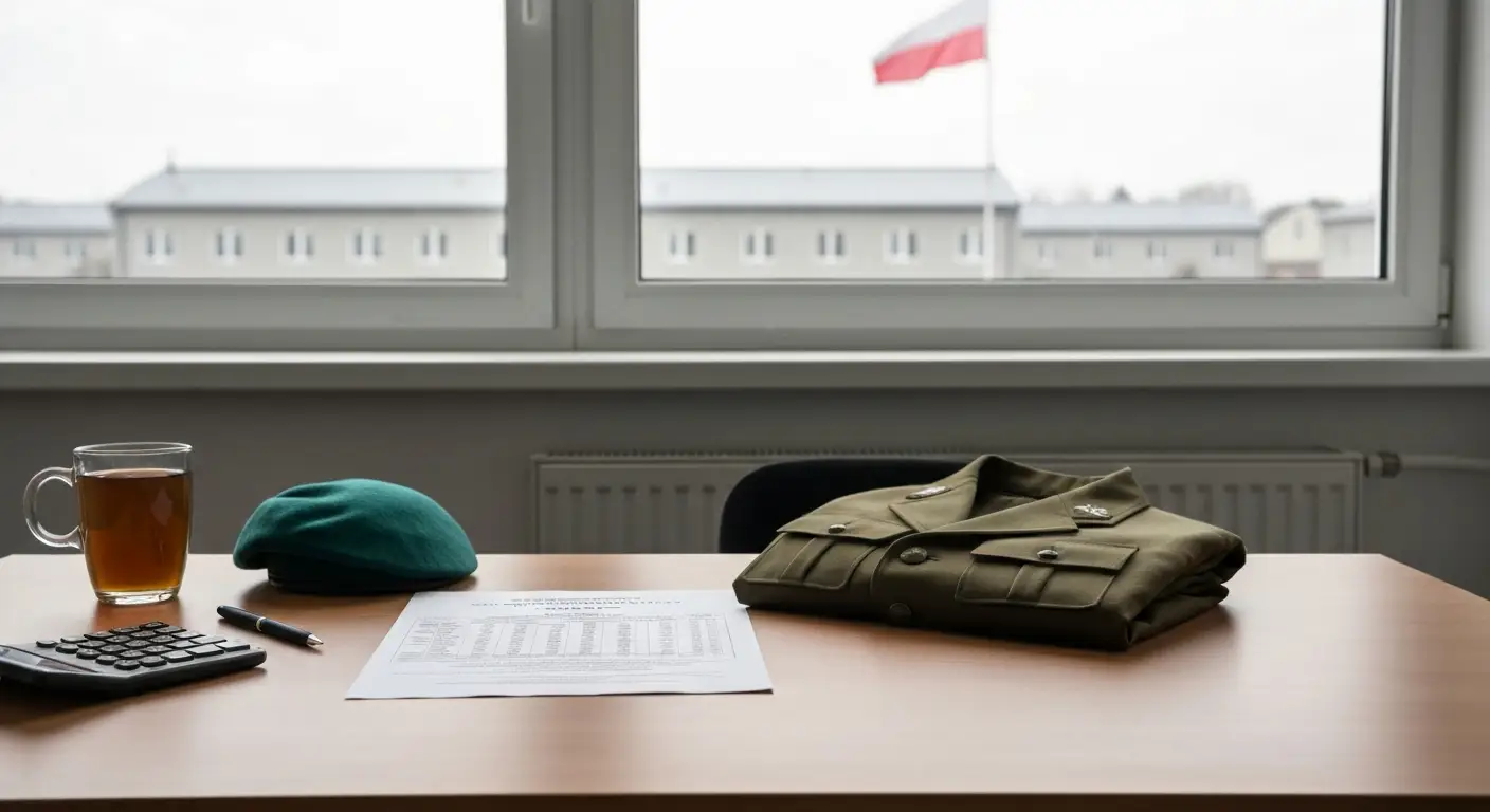 Biurko w wojskowej kancelarii z dokumentami placowymi, kalkulatorem i zlozona zielona kurtka mundurowa przy oknie z wido