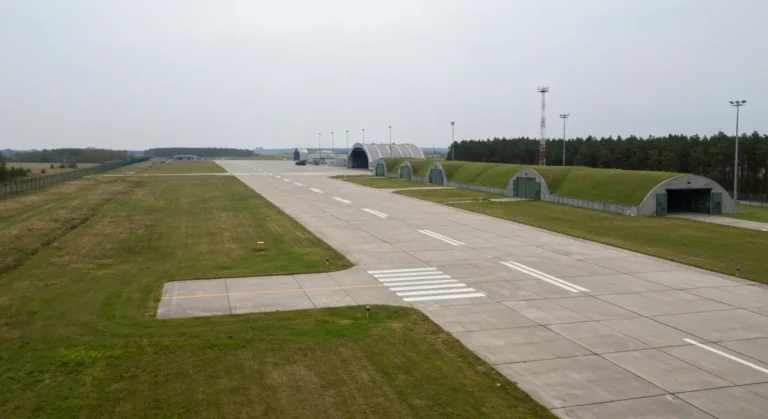 Betonowy pas startowy lotniska wojskowego z drogami kolowania, schronohangarami i hangarem obslugi technicznej