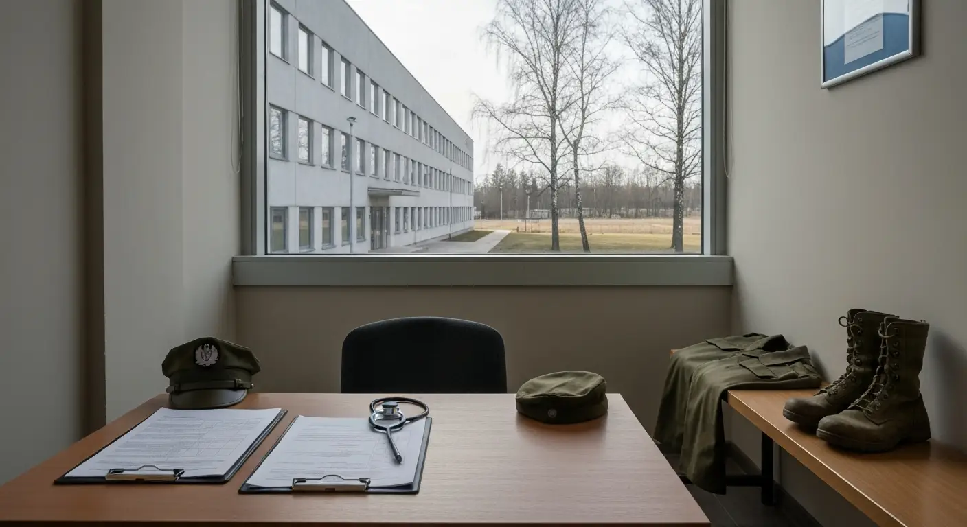 Biurko w wojskowym centrum rekrutacji z dokumentami, zlozonym mundurem polowym i butami, w tle budynek koszar