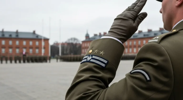 Zblizenie na naramiennik i oznaczenia stopnia na mundurze Wojska Polskiego oraz dlon uniesiona do salutu na tle placu ap