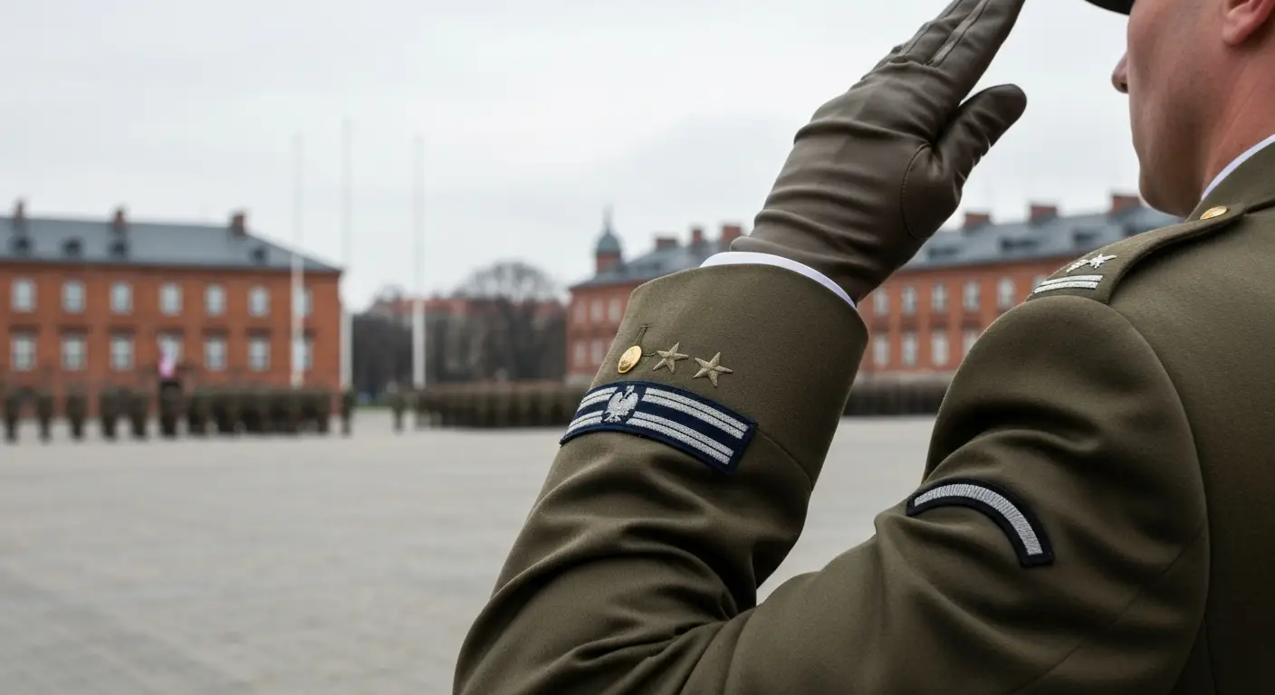 Zblizenie na naramiennik i oznaczenia stopnia na mundurze Wojska Polskiego oraz dlon uniesiona do salutu na tle placu ap