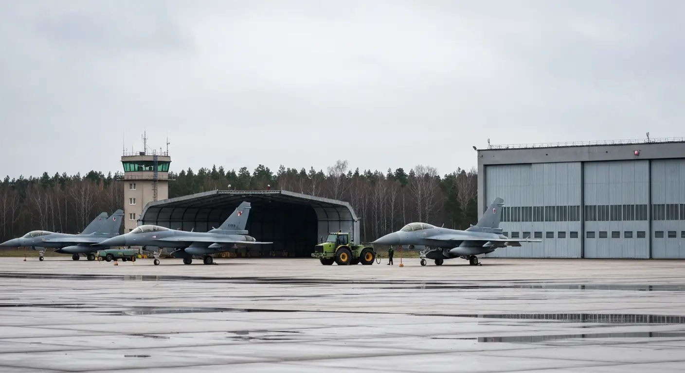 Samoloty wojskowe na plycie postojowej polskiej bazy lotniczej, w tle hangar i wieza kontroli lotow