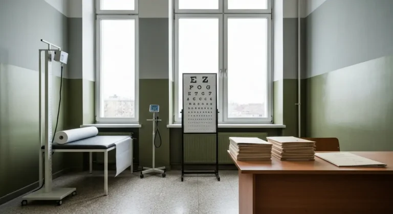Pusty gabinet komisji lekarskiej do wojska - waga, ciśnieniomierz, kozetka i teczki z dokumentami kandydata