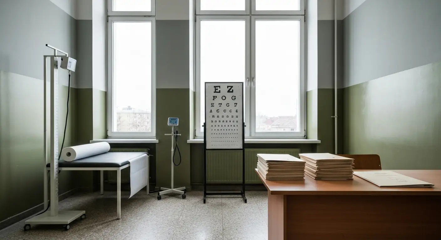 Pusty gabinet komisji lekarskiej do wojska - waga, ciśnieniomierz, kozetka i teczki z dokumentami kandydata