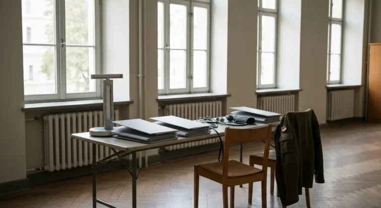 Pusta sala kwalifikacji wojskowej w polskim budynku urzedowym - stol z teczkami dokumentow, waga lekarska ze wzrostomier