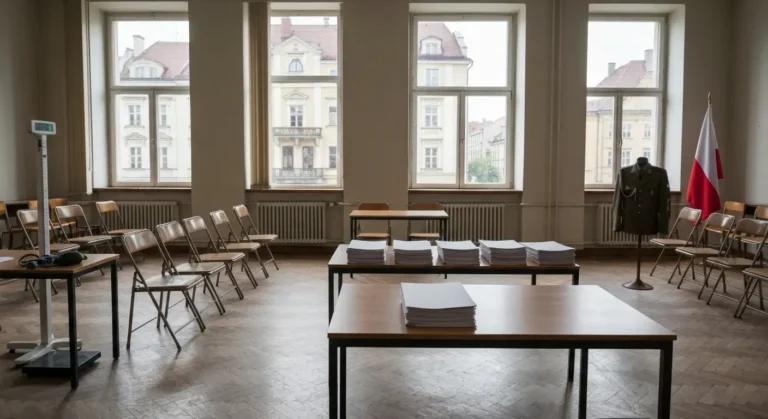 Pusta sala kwalifikacji wojskowej w budynku urzedu - stol z teczkami, waga lekarska, krzesla i flaga w naturalnym swietl