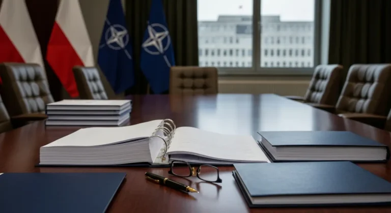 Stol konferencyjny z dokumentami kontraktowymi i segregatorami zalacznikow w sali resortu obrony, w tle rozmyte flagi