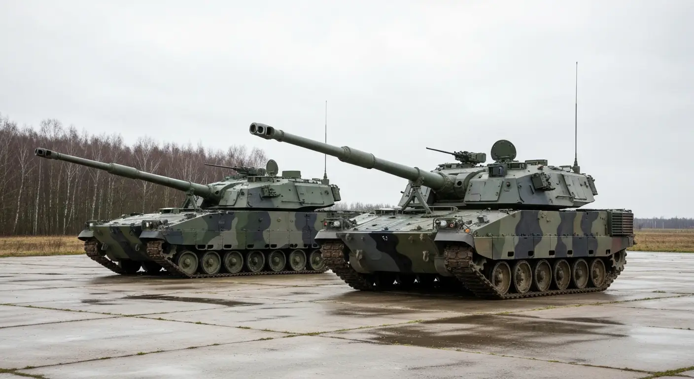 Dwie samobiezne haubice kalibru 155 mm stojace obok siebie na poligonie, w tle pochmurne niebo i linia drzew