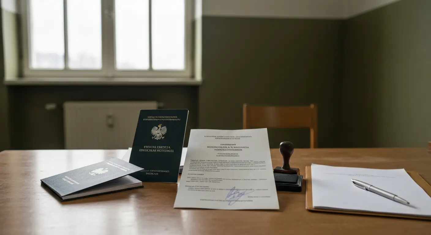 Wojskowy dokument osobisty i orzeczenie komisji lekarskiej na drewnianym biurku w urzedzie, obok pieczatka i dlugopis