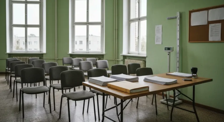 Sala komisji kwalifikacji wojskowej w budynku urzedu - puste krzesla, stol z dokumentami i waga lekarska