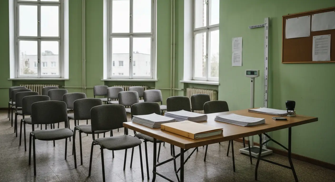 Sala komisji kwalifikacji wojskowej w budynku urzedu - puste krzesla, stol z dokumentami i waga lekarska