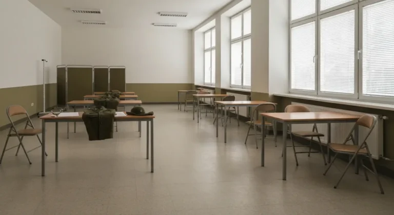 Pusta sala kwalifikacji wojskowej ze stolikami, krzeslami i zlozonym mundurem polowym