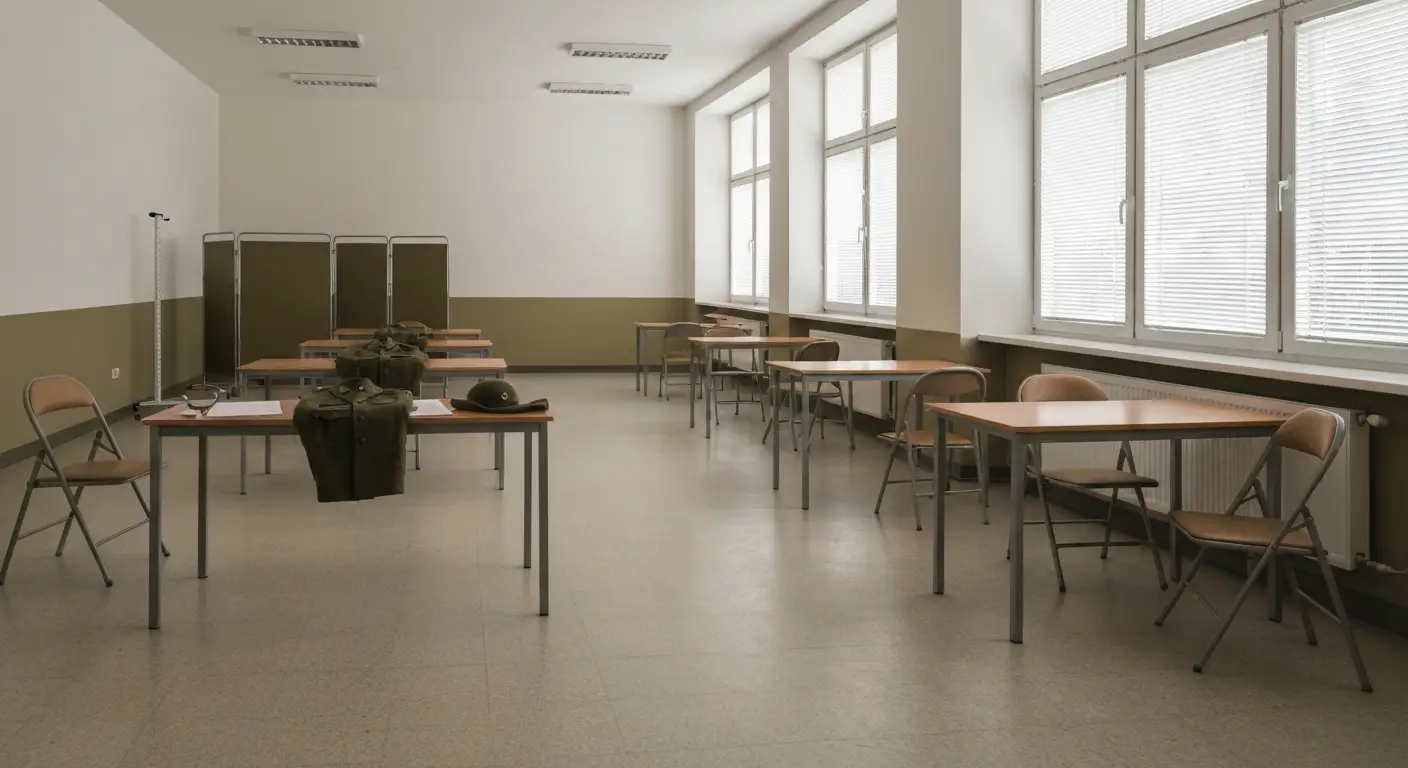 Pusta sala kwalifikacji wojskowej ze stolikami, krzeslami i zlozonym mundurem polowym