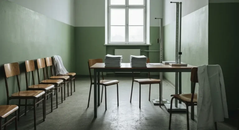 Puste pomieszczenie powiatowej komisji lekarskiej kwalifikacji wojskowej - stol z teczkami, waga i wzrostomierz przy okn