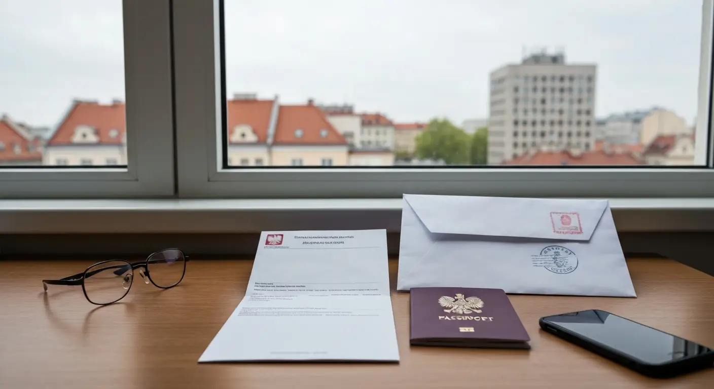 Wezwanie na kwalifikacje wojskowa, polski paszport i koperta na biurku przy oknie w mieszkaniu za granica